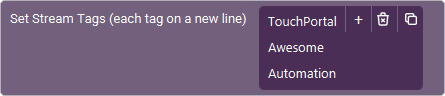 The Action 'Set Stream Tags' as visible in Touch Portal.